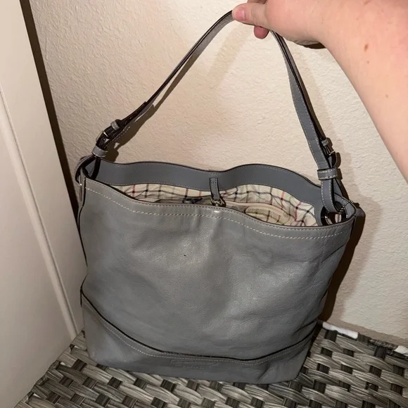 Coach Gray Leatherware Shoulder Bag Bucket Hobo Tattersall Plaid lining Z17197 - Picture 15 of 16